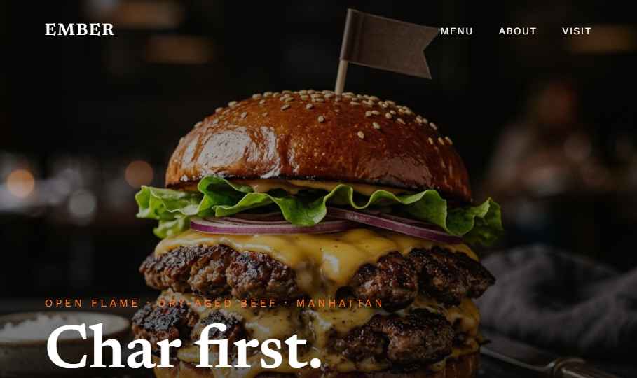 Ember burger restaurant landing page hero preview
